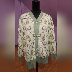Mint Green Holiday Patterned Cardigan With Pinwheel Buttons